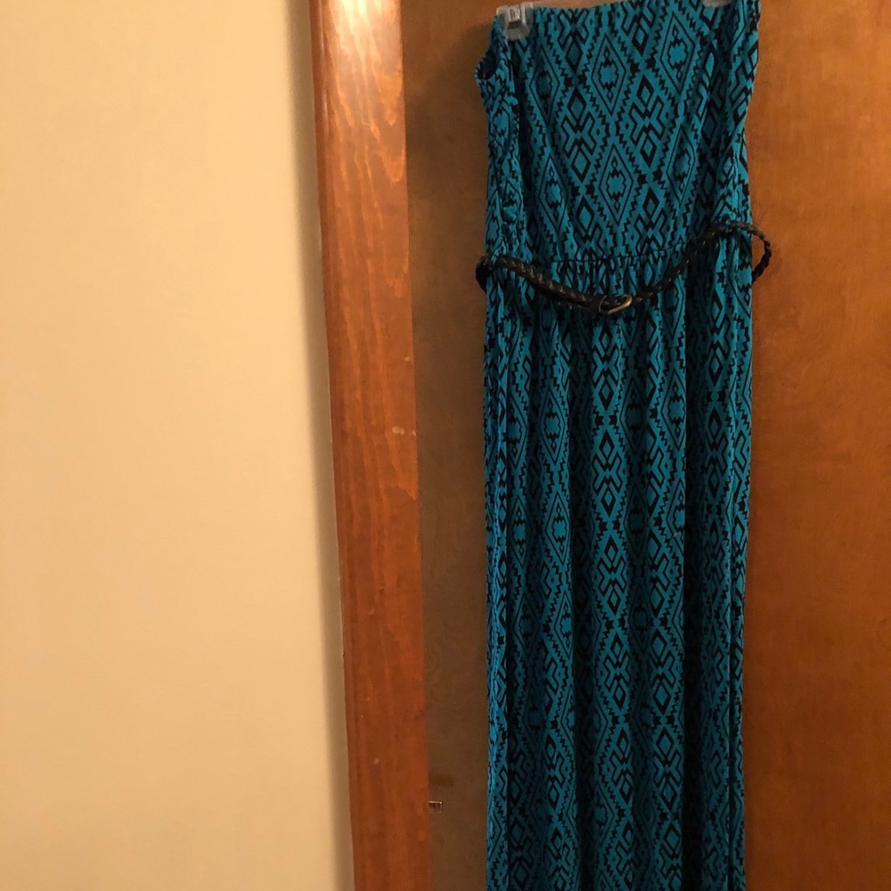Forever 21 Teal/Black Belted Strapless Maxi Dress